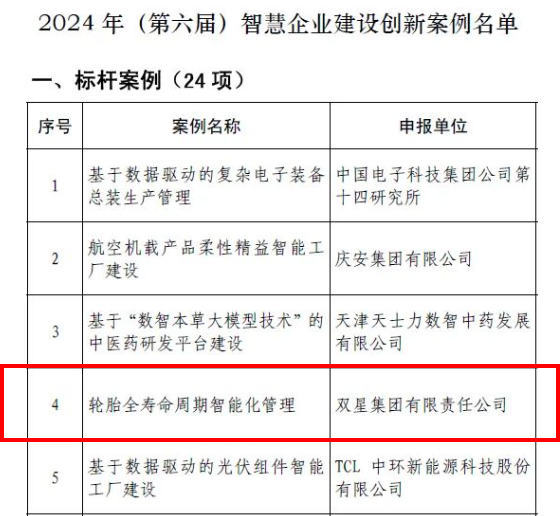 轮胎行业唯一双星获评2024年智慧企业半岛游戏app建设创新案例(图1)