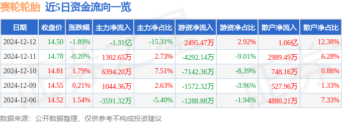 赛轮轮胎（601058半岛游戏app）12月12日主力资金净卖出131亿元(图1)